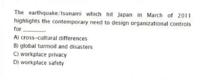 The earthquake/tsunami which hit Japan in March of 2011 highlights the contemporary need to design organizational controls for ________.
A) cross-cultural differences
B) global turmoil and disasters
C) workplace privacy
D) workplace safety