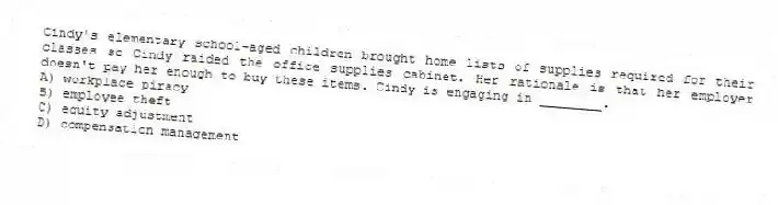 Cindy's elementary school-aged children brought home lists of supplies required for their classes so Cindy raided the office supplies cabinet. Her rationale is that her employer doesn't pay her enough to buy these items. Cindy is engaging in ________.
A) workplace piracy
B) employee theft
C) equity adjustment
D) compensation management