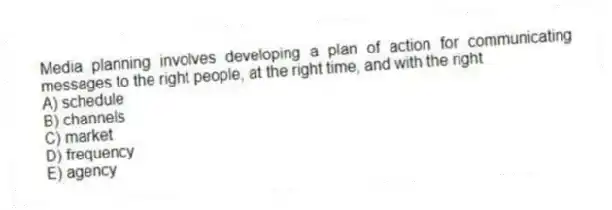 Media planning involves developing a plan of action for communicating messages to the right people, at the right time, and with the right
A) schedule
B) channels
C) market
D) frequency
E) agency