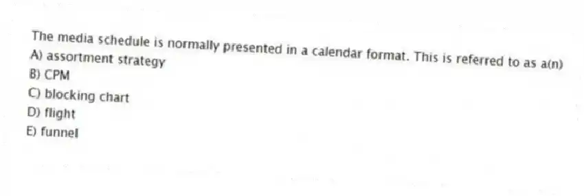 The media schedule is normally presented in a calendar format. This is referred to as a(n)
A) assortment strategy
B) CPM
C) blocking chart
D) flight
E) funnel