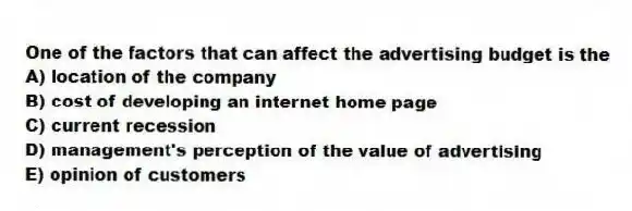 One of the factors that can affect the advertising budget is the
A) location of the company
B) cost of developing an internet home page
C) current recession
D) management's perception of the value of advertising
E) opinion of customers