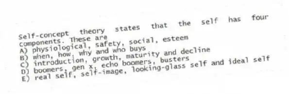 Self-concept theory states that the self has four components. These are
A) physiological, safety, social, esteem
B) when, how, why and who buys
C) introduction, growth, maturity and decline
D) boomers, gen x, echo boomers, busters
E) real self, self-image, looking-glass self and ideal self