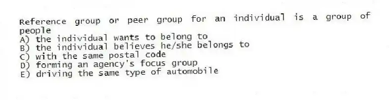 Reference group or peer group for an individual is a group of people
A) the individual wants to belong to
B) the individual believes he/she belongs to
C) with the same postal code
D) forming an agency's focus group
E) driving the same type of automobile