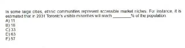 In some large cities, ethnic communities represent accessible market niches. For instance, it is estimated that in 2031 Toronto's visible minorities will reach ________% of the population.
A) 11
B) 18
C) 33
D) 63
E) 57