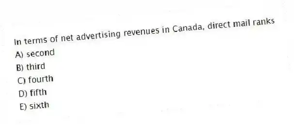 In terms of net advertising revenues in Canada, direct mail ranks
A) second
B) third
C) fourth
D) fifth
E) sixth