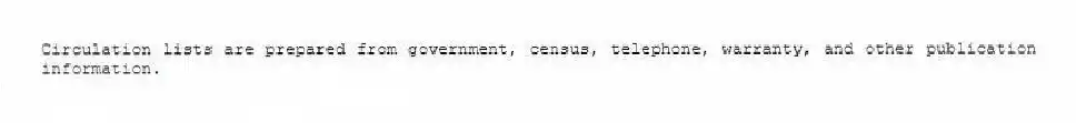 Circulation lists are prepared from government, census, telephone, warranty, and other publication information.