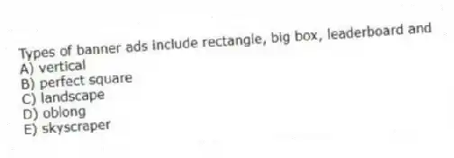 Types of banner ads include rectangle, big box, leaderboard and
A) vertical
B) perfect square
C) landscape
D) oblong
E) skyscraper