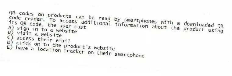 QR codes on products can be read by smartphones with a downloaded QR code reader. To access additional information about the product using its QR code, the user must
A) sign in to a website
B) visit a website
C) access their email
D) click on to the product's website
E) have a location tracker on their smartphone