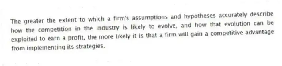 The greater the extent to which a firm's assumptions and hypotheses accurately describe how the competition in the industry is likely to evolve, and how that evolution can be exploited to earn a profit, the more likely it is that a firm will gain a competitive advantage from implementing its strategies.