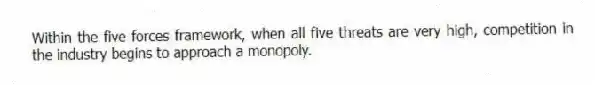 Within the five forces framework, when all five threats are very high, competition in the industry begins to approach a monopoly.