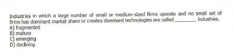 Industries in which a large number of small or medium-sized firms operate and no small set of firms has dominant market share or creates dominant technologies are called ________ industries.
A) fragmented
B) mature
C) emerging
D) declining