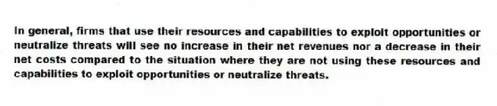 In general, firms that use their resources and capabilities to exploit opportunities or neutralize threats will see no increase in their net revenues nor a decrease in their net costs compared to the situation where they are not using these resources and capabilities to exploit opportunities or neutralize threats.