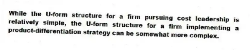 While the U-form structure for a firm pursuing cost leadership is relatively simple, the U-form structure for a firm implementing a product-differentiation strategy can be somewhat more complex.