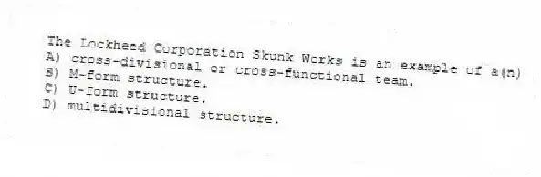 The Lockheed Corporation Skunk Works is an example of a(n)
A) cross-divisional or cross-functional team.
B) M-form structure.
C) U-form structure.
D) multidivisional structure.