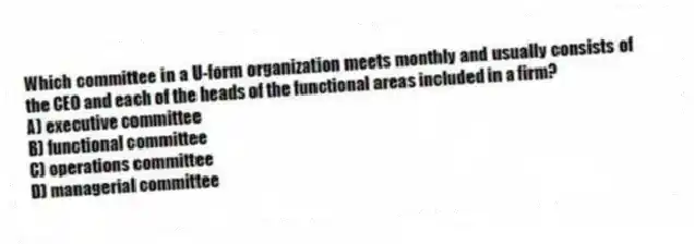 Which committee in a U-form organization meets monthly and usually consists of the CEO and each of the heads of the functional areas included in a firm?
A) executive committee
B) functional committee
C) operations committee
D) managerial committee