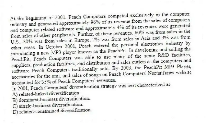 At the beginning of 2001, Peach Computers competed exclusively in the computer industry and generated approximately 96% of its revenue from the sales of computers and computer-related software and approximately 4% of its revenues were generated from sales of other peripherals. Further, of these revenues, 60% was from sales in the U.S., 30% was from sales in Europe, 7% was from sales in Asia and 3% was from other areas. In October 2001, Peach entered the personal electronics industry by introducing a new MP3 player known as the PeachPit. In developing and selling the PeachPit, Peach Computers was able to use many of the same R&D facilities, suppliers, production facilities, and distribution and sales outlets as the computers and software Peach Computers traditionally sold. By 2003, the PeachPit MP3 Player, accessories for the unit, and sales of songs on Peach Computers' NectarTunes website accounted for 35% of Peach Computers' revenues.
-In 2001, Peach Computers' diversification strategy was best characterized as
A) related-linked diversification.
B) dominant-business diversification.
C) single-business diversification.
D) related-constrained diversification.