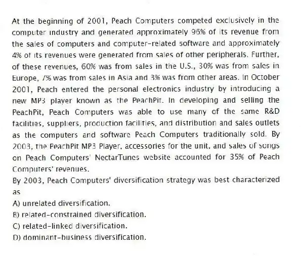 At the beginning of 2001, Peach Computers competed exclusively in the computer industry and generated approximately 96% of its revenue from the sales of computers and computer-related software and approximately 4% of its revenues were generated from sales of other peripherals. Further, of these revenues, 60% was from sales in the U.S., 30% was from sales in Europe, 7% was from sales in Asia and 3% was from other areas. In October 2001, Peach entered the personal electronics industry by introducing a new MP3 player known as the PeachPit. In developing and selling the PeachPit, Peach Computers was able to use many of the same R&D facilities, suppliers, production facilities, and distribution and sales outlets as the computers and software Peach Computers traditionally sold. By 2003, the PeachPit MP3 Player, accessories for the unit, and sales of songs on Peach Computers' NectarTunes website accounted for 35% of Peach Computers' revenues.
-By 2003, Peach Computers' diversification strategy was best characterized as
A) unrelated diversification.
B) related-constrained diversification.
C) related-linked diversification.
D) dominant-business diversification.