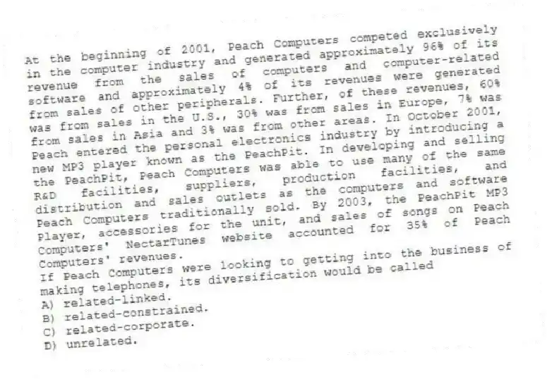 At the beginning of 2001, Peach Computers competed exclusively in the computer industry and generated approximately 96% of its revenue from the sales of computers and computer-related software and approximately 4% of its revenues were generated from sales of other peripherals. Further, of these revenues, 60% was from sales in the U.S., 30% was from sales in Europe, 7% was from sales in Asia and 3% was from other areas. In October 2001, Peach entered the personal electronics industry by introducing a new MP3 player known as the PeachPit. In developing and selling the PeachPit, Peach Computers was able to use many of the same R&D facilities, suppliers, production facilities, and distribution and sales outlets as the computers and software Peach Computers traditionally sold. By 2003, the PeachPit MP3 Player, accessories for the unit, and sales of songs on Peach Computers' NectarTunes website accounted for 35% of Peach Computers' revenues.
-If Peach Computers were looking to getting into the business of making telephones, its diversification would be called
A) related-linked.
B) related-constrained.
C) related-corporate.
D) unrelated.