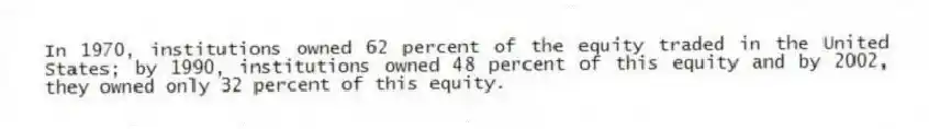 In 1970, institutions owned 62 percent of the equity traded in the United States; by 1990, institutions owned 48 percent of this equity and by 2002, they owned only 32 percent of this equity.