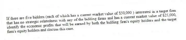 If there are five bidders (each of which has a current market value of $50,000 ) interested in a target firm that has no strategic relatedness with any of the bidding firms and has a current market value of $25,000, identify the economic profits that will be earned by both the bidding firm's equity holders and the target firm's equity holders and discuss this case.