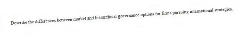 Describe the differences between market and hierarchical governance options for firms pursuing international strategies.