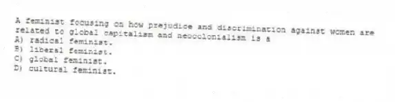 A feminist focusing on how prejudice and discrimination against women are related to global capitalism and neocolonialism is a
A) radical feminist.
B) liberal feminist.
C) global feminist.
D) cultural feminist.