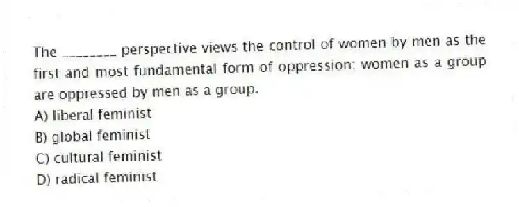 The ________ perspective views the control of women by men as the first and most fundamental form of oppression: women as a group are oppressed by men as a group.
A) liberal feminist
B) global feminist
C) cultural feminist
D) radical feminist