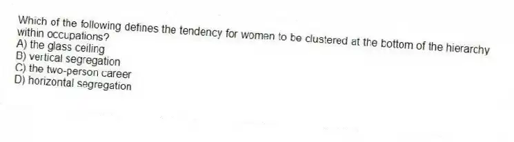 Which of the following defines the tendency for women to be clustered at the bottom of the hierarchy within occupations?
A) the glass ceiling
B) vertical segregation
C) the two-person career
D) horizontal segregation