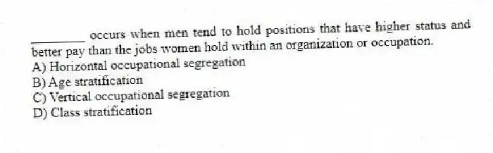 ________ occurs when men tend to hold positions that have higher status and better pay than the jobs women hold within an organization or occupation.
A) Horizontal occupational segregation
B) Age stratification
C) Vertical occupational segregation
D) Class stratification