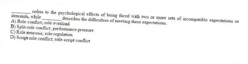 ________ refers to the psychological effects of being faced with two or more sets of incompatible expectations or demands, while ________ describes the difficulties of meeting these expectations.
A) Role conflict; role overload
B) Split-role conflict; performance pressure
C) Role neurosis; role regulation
D) Script-role conflict; role-script conflict