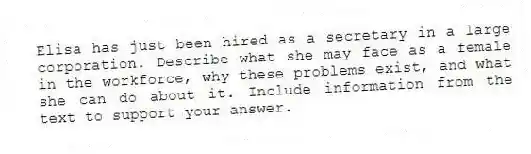 Elisa has just been hired as a secretary in a large corporation. Describe what she may face as a female in the workforce, why these problems exist, and what she can do about it. Include information from the text to support your answer.