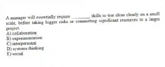A manager will essentially require ________ skills to test ideas clearly on a small scale, before taking bigger risks or committing significant resources to a larger project.
A) collaboration
B) experimentation
C) interpersonal
D) systems thinking
E) social