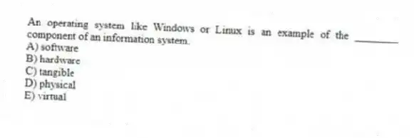 An operating system like Windows or Linux is an example of the ________ component of an information system.
A) software
B) hardware
C) tangible
D) physical
E) virtual