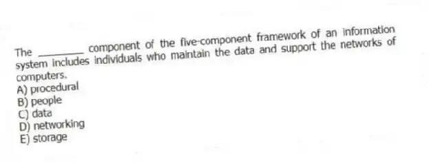 The ________ component of the five-component framework of an information system includes individuals who maintain the data and support the networks of computers.
A) procedural
B) people
C) data
D) networking
E) storage