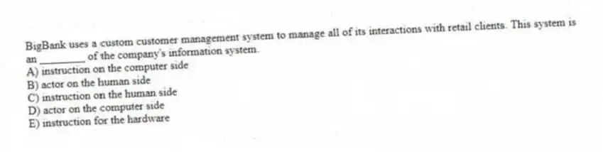 BigBank uses a custom customer management system to manage all of its interactions with retail clients. This system is an ________ of the company's information system.
A) instruction on the computer side
B) actor on the human side
C) instruction on the human side
D) actor on the computer side
E) instruction for the hardware