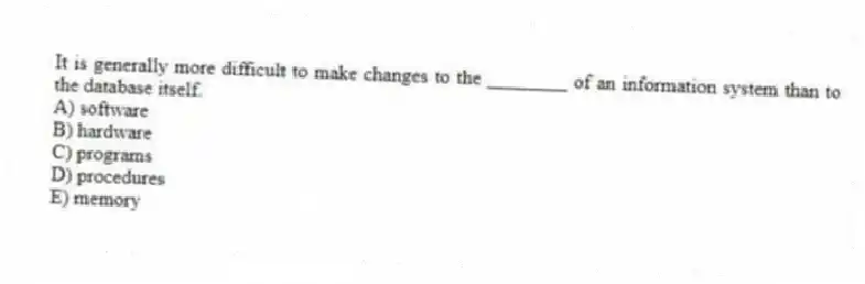 It is generally more difficult to make changes to the ________ of an information system than to the database itself.
A) software
B) hardware
C) programs
D) procedures
E) memory