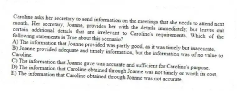 Caroline asks her secretary to send information on the meetings that she needs to attend next month. Her secretary, Joanne, provides her with the details immediately, but leaves out certain additional details that are irrelevant to Caroline's requirements. Which of the following statements is True about this scenario?
A) The information that Joanne provided was partly good, as it was timely but inaccurate.
B) Joanne provided adequate and timely information, but the information was of no value to Caroline.
C) The information that Joanne gave was accurate and sufficient for Caroline's purpose.
D) The information that Caroline obtained through Joanne was not timely or worth its cost.
E) The information that Caroline obtained through Joanne was not accurate.