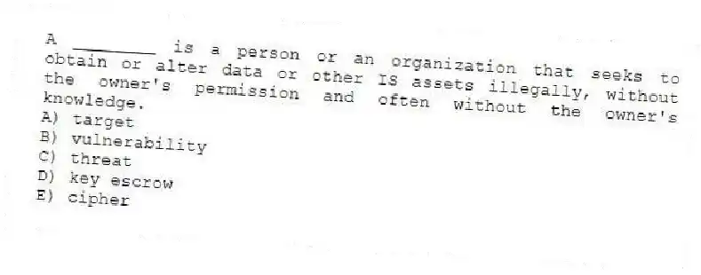 A ________ is a person or an organization that seeks to obtain or alter data or other IS assets illegally, without the owner's permission and often without the owner's knowledge.
A) target
B) vulnerability
C) threat
D) key escrow
E) cipher