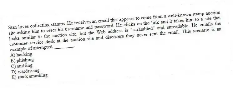 Stan loves collecting stamps. He receives an email that appears to come from a well-known stamp auction site asking him to reset his username and password. He clicks on the link and it takes him to a site that looks similar to the auction site, but the Web address is "scrambled" and unreadable. He emails the customer service desk at the auction site and discovers they never sent the email. This scenario is an example of attempted ________.
A) hacking
B) phishing
C) sniffing
D) wardriving
E) stack smashing