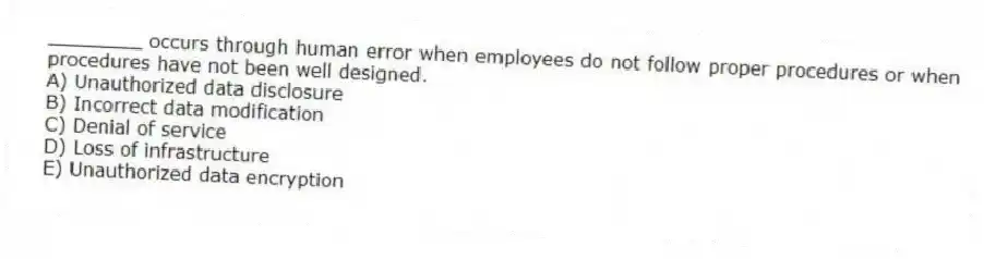 ________ occurs through human error when employees do not follow proper procedures or when procedures have not been well designed.
A) Unauthorized data disclosure
B) Incorrect data modification
C) Denial of service
D) Loss of infrastructure
E) Unauthorized data encryption