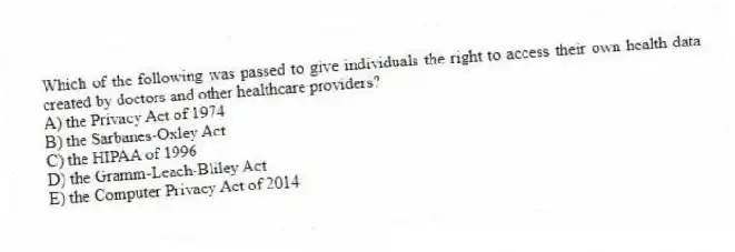Which of the following was passed to give individuals the right to access their own health data created by doctors and other healthcare providers?
A) the Privacy Act of 1974
B) the Sarbanes-Oxley Act
C) the HIPAA of 1996
D) the Gramm-Leach-Bliley Act
E) the Computer Privacy Act of 2014