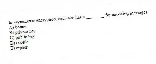 In asymmetric encryption, each site has a ________ for encoding messages.
A) botnet
B) private key
C) public key
D) cookie
E) cipher