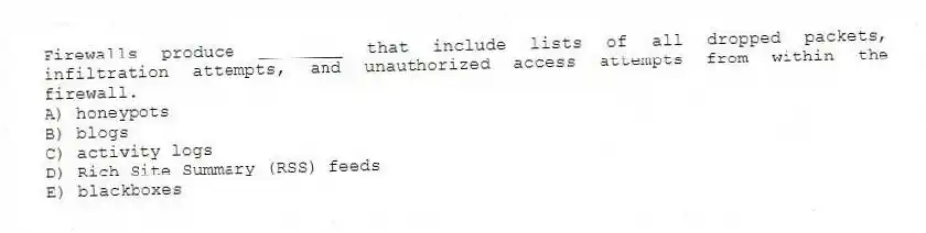 Firewalls produce ________ that include lists of all dropped packets, infiltration attempts, and unauthorized access attempts from within the firewall.
A) honeypots
B) blogs
C) activity logs
D) Rich Site Summary (RSS) feeds
E) blackboxes
