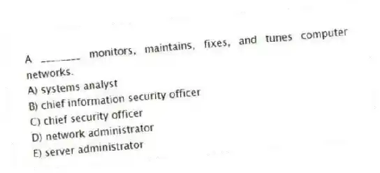 A ________ monitors, maintains, fixes, and tunes computer networks.
A) systems analyst
B) chief information security officer
C) chief security officer
D) network administrator
E) server administrator