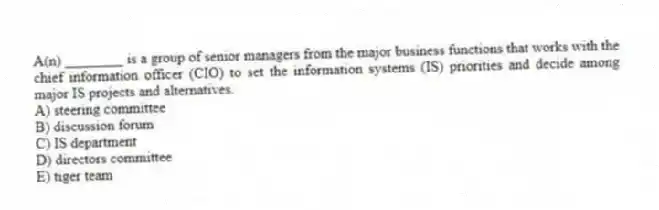 A(n) ________ is a group of senior managers from the major business functions that works with the chief information officer (CIO) to set the information systems (IS) priorities and decide among major IS projects and alternatives.
A) steering committee
B) discussion forum
C) IS department
D) directors committee
E) tiger team