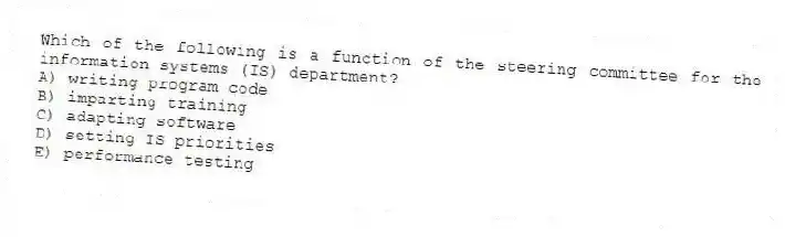 Which of the following is a function of the steering committee for the information systems (IS) department?
A) writing program code
B) imparting training
C) adapting software
D) setting IS priorities
E) performance testing