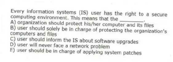 Every information systems (IS) user has the right to a secure computing environment. This means that the ________.
A) organization should protect his/her computer and its files
B) user should solely be in charge of protecting the organization's computers and files
C) user should inform the IS about software upgrades
D) user will never face a network problem
E) user should be in charge of applying system patches