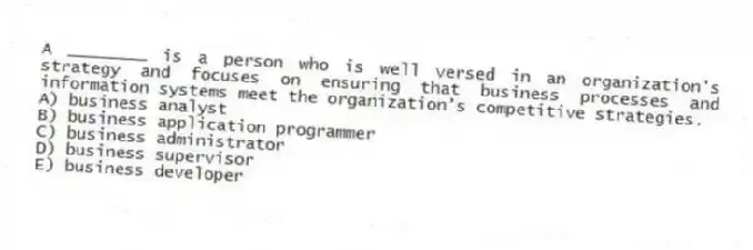 A ________ is a person who is well versed in an organization's strategy and focuses on ensuring that business processes and information systems meet the organization's competitive strategies.
A) business analyst
B) business application programmer
C) business administrator
D) business supervisor
E) business developer