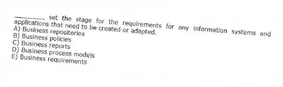 ________ set the stage for the requirements for any information systems and applications that need to be created or adapted.
A) Business repositories
B) Business policies
C) Business reports
D) Business process models
E) Business requirements