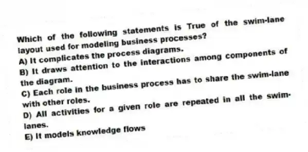 Which of the following statements is True of the swim-lane layout used for modeling business processes?
A) It complicates the process diagrams.
B) It draws attention to the interactions among components of the diagram.
C) Each role in the business process has to share the swim-lane with other roles.
D) All activities for a given role are repeated in all the swim-lanes.
E) It models knowledge flows